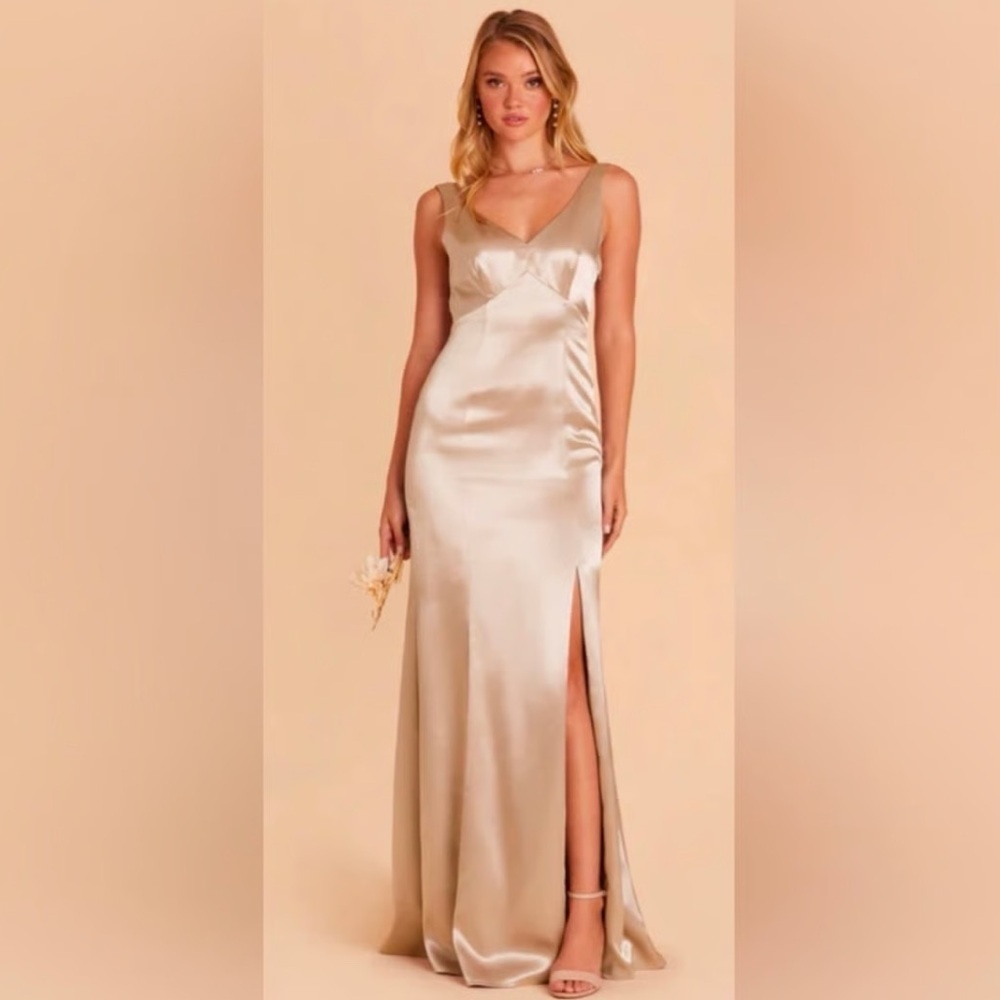 Birdy Grey “Gloria” satin vneck full length dress in champagne size s small
